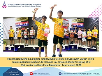 Congratulations to Mr. Pannakorn
Kaensansanti, M.3/3, and Mr. Phonthamnop
Bunnag, M.3/3, who competed in the
badminton competition. In the name of
Baan Thong Yod
