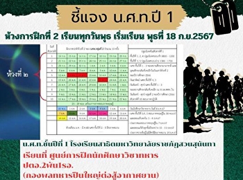 ชี้แจงนักศึกษาวิชาทหารชั้น ปีที่ 1
ห้วงการฝึกที่ 2 เรียนทุกวันพุธ
เริ่มเรียนวันพุธที่ 18 กันยายน 2567