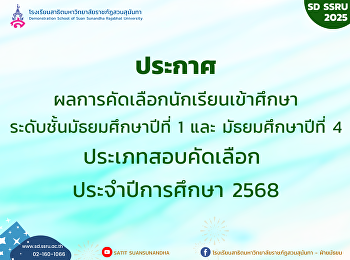 ผลการคัดเลือกนักเรียนเข้าศึกษา
ระดับชั้นมัธยมศึกษาปีที่ 1 และ
มัธยมศึกษาปีที่ 4 ประเภทสอบคัดเลือก
ประจำปีการศึกษา 2568