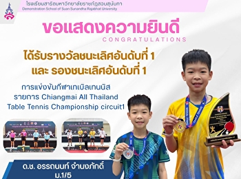 ด.ช. อรรถนนท์ จำนงภักดิ์ ม.1/5
ได้รับรางวัลชนะเลิศอันดับที่ 1
การแข่งขันกีฬาเทเบิลเทนนิส รายการ
Chiangmai AII Thailand Table Tennis
Championship circuit1
