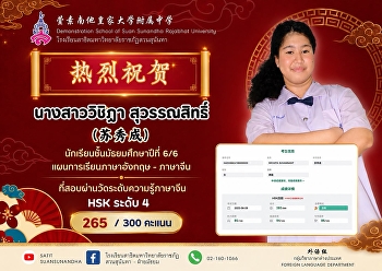 นางสาววิชิฏา สุวรรณสิทธิ์ (苏秀成)  ม.6/6
แผนการเรียนภาษาอังกฤษ - ภาษาจีน
ที่สอบผ่านการสอบวัดระดับความรู้ทางภาษาจีน
(HSK) ระดับ 4 ด้วยคะแนน 265 / 300 คะแนน